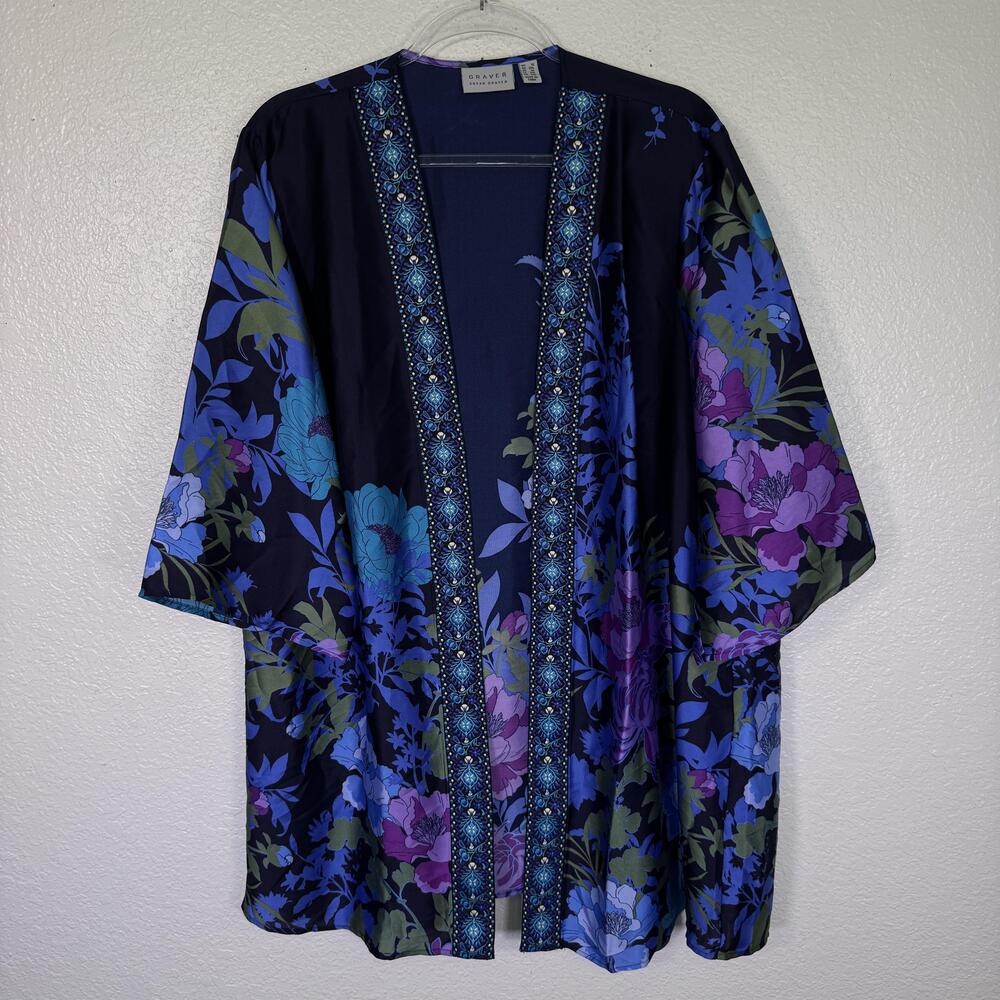 Susan Graver Womens 1X Floral Kimono Cardigan Embroidered Boho Blue Plus Size